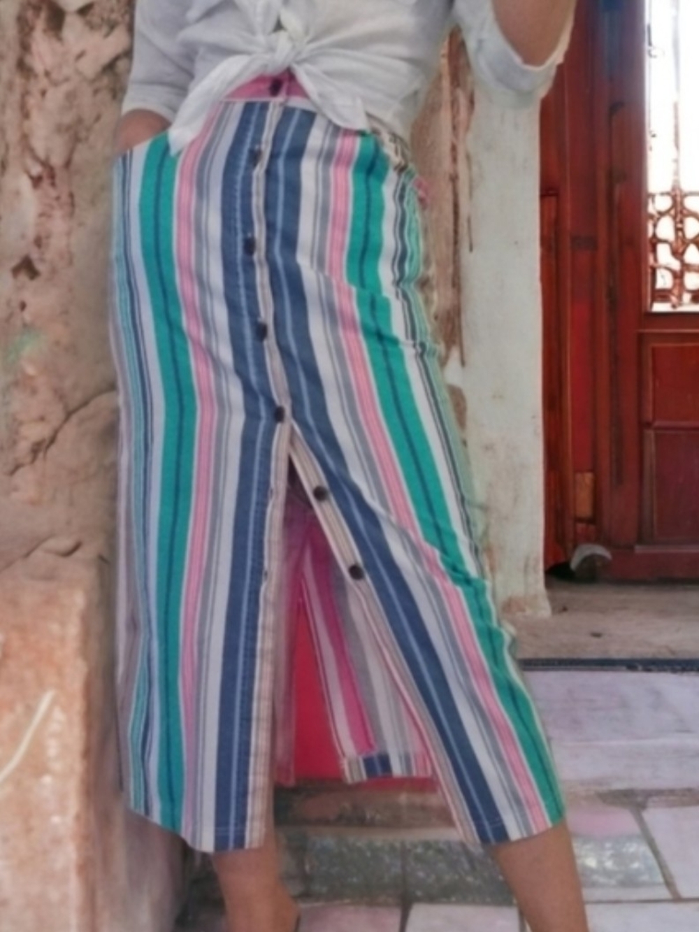 Multicolor Vertical Stripe Button-Front Midi Skirt